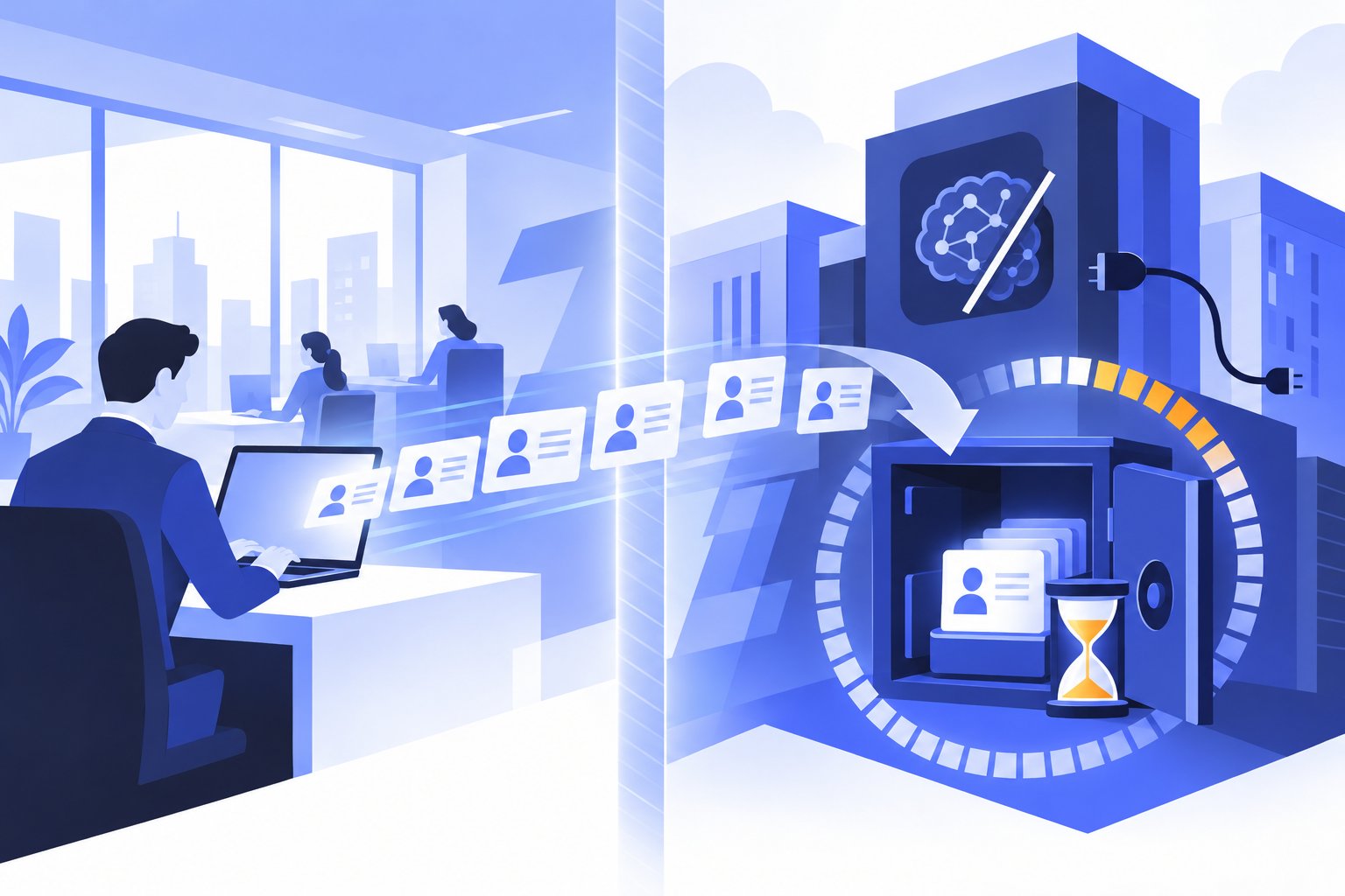 社内のパソコンから社外のAIサービスへ送られたデータが、学習には使われないものの事業者側の保管庫に一定期間残る様子を表したイラスト